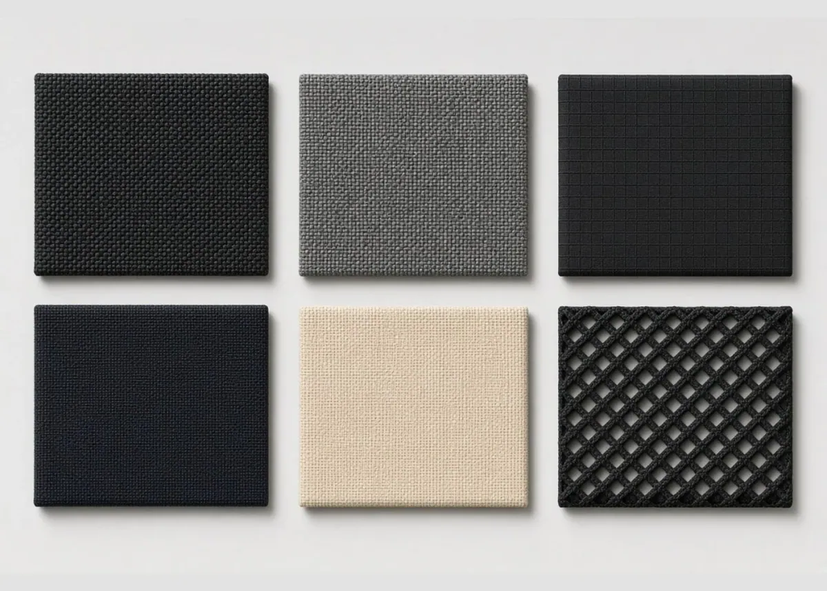 Six squares of tactical pack fabric on a grey ground — a black diamond-weave, a grey mesh, a black grid ripstop, a navy plain weave, a sand plain weave and a black open lattice