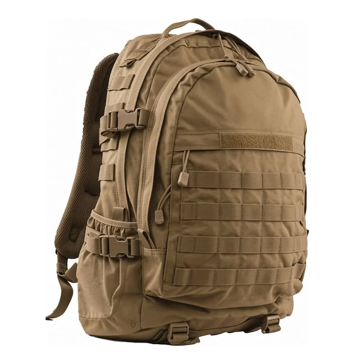 A coyote three-day tactical backpack on a white ground, its front panel built as a PALS webbing ladder with a loop patch panel above and side compression buckles