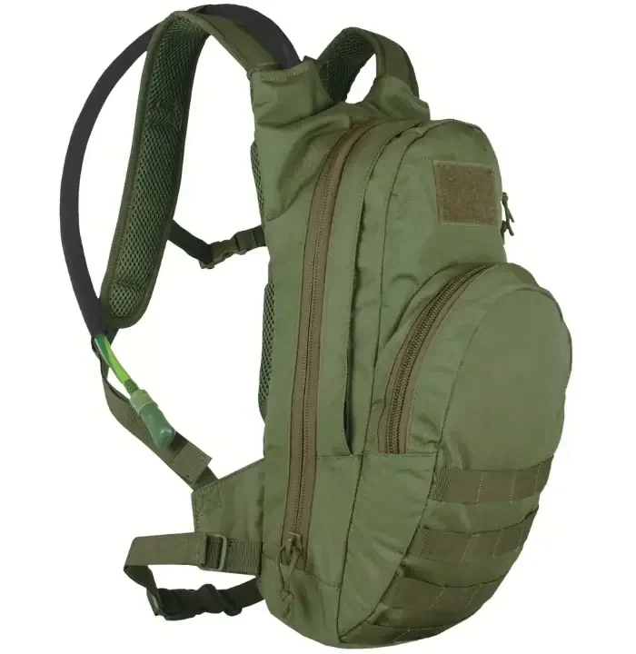 An olive single-shoulder hydration sling pack with a reservoir harness, its drink tube routed over the shoulder
