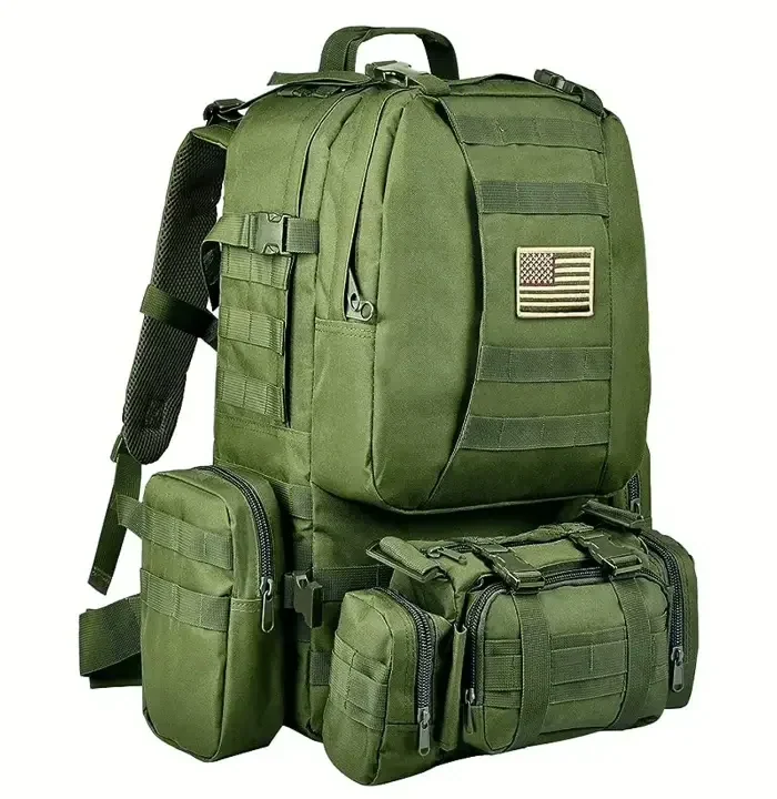 A large olive heavy-duty military backpack with a wide padded strap assembly, a webbing face and a bottom pouch column