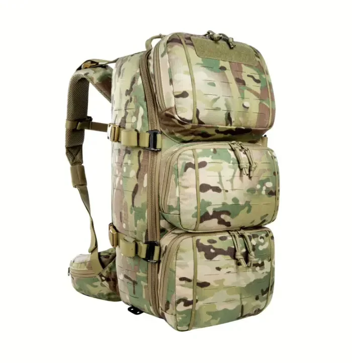A camouflage modular MOLLE pack with a full webbing face and two detachable side pouches zip off