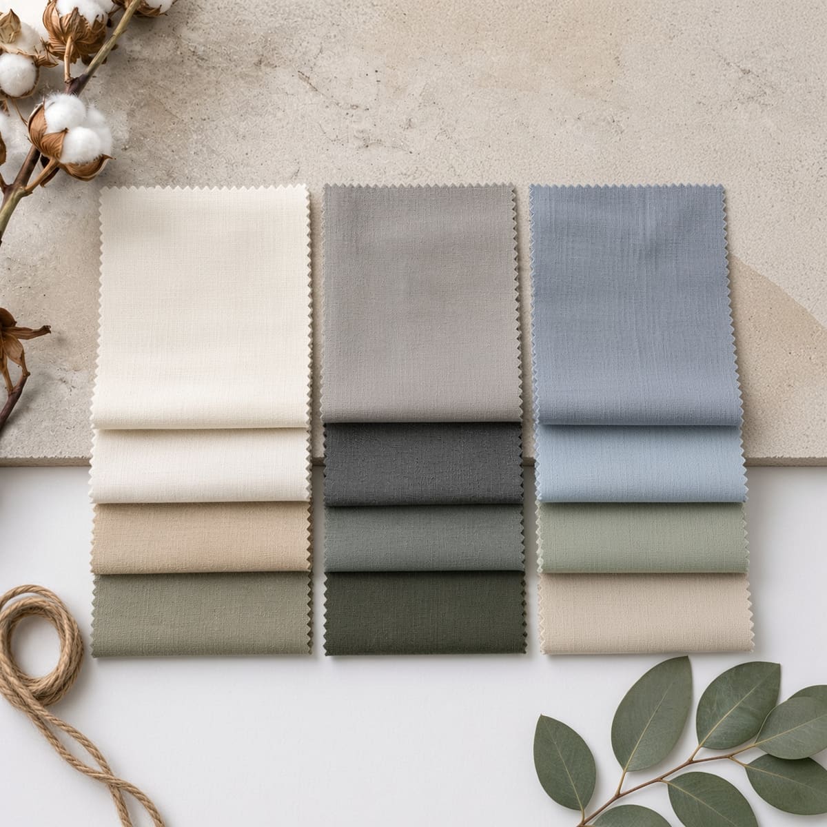 Swatch cards of tote canvas in four weights, arranged in columns of cream, slate, blue and green with a cotton boll and a coil of jute alongside
