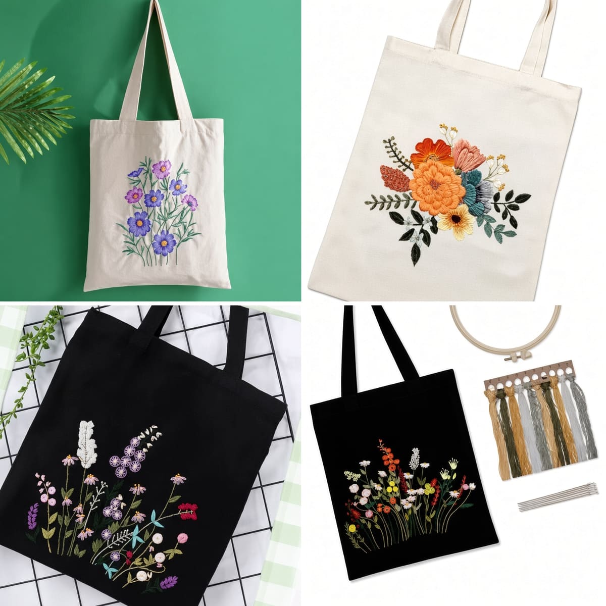 Four canvas totes, cream and black, each carrying a floral design in embroidered thread, with a ring of thread spools beside one