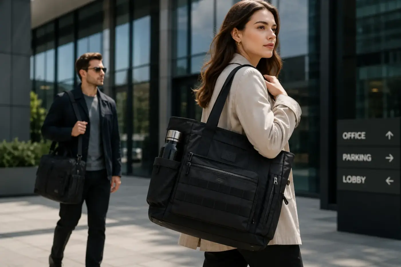 A shopper carrying a large black multi-pocket canvas tote through a glass-fronted office lobby