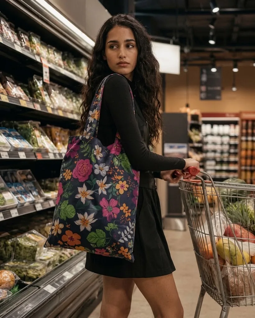 A floral-print cotton tote on the shoulder in a supermarket aisle