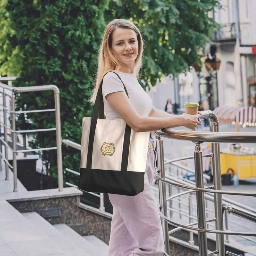 A cream and black canvas tote carried on a city staircase with a coffee in hand