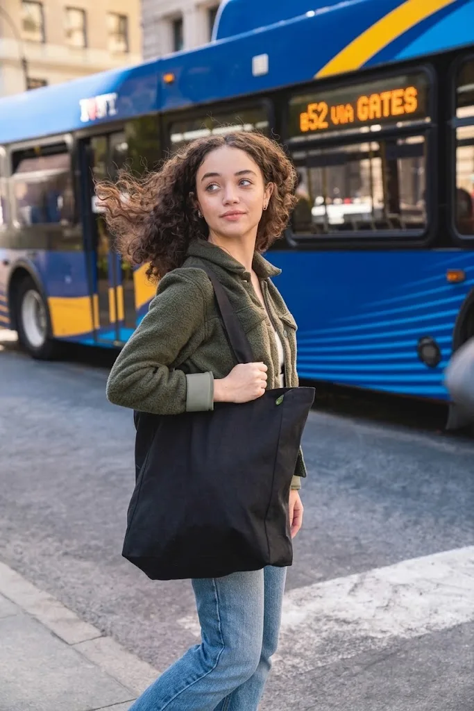 A black canvas tote carried along a crossing as a bus passes