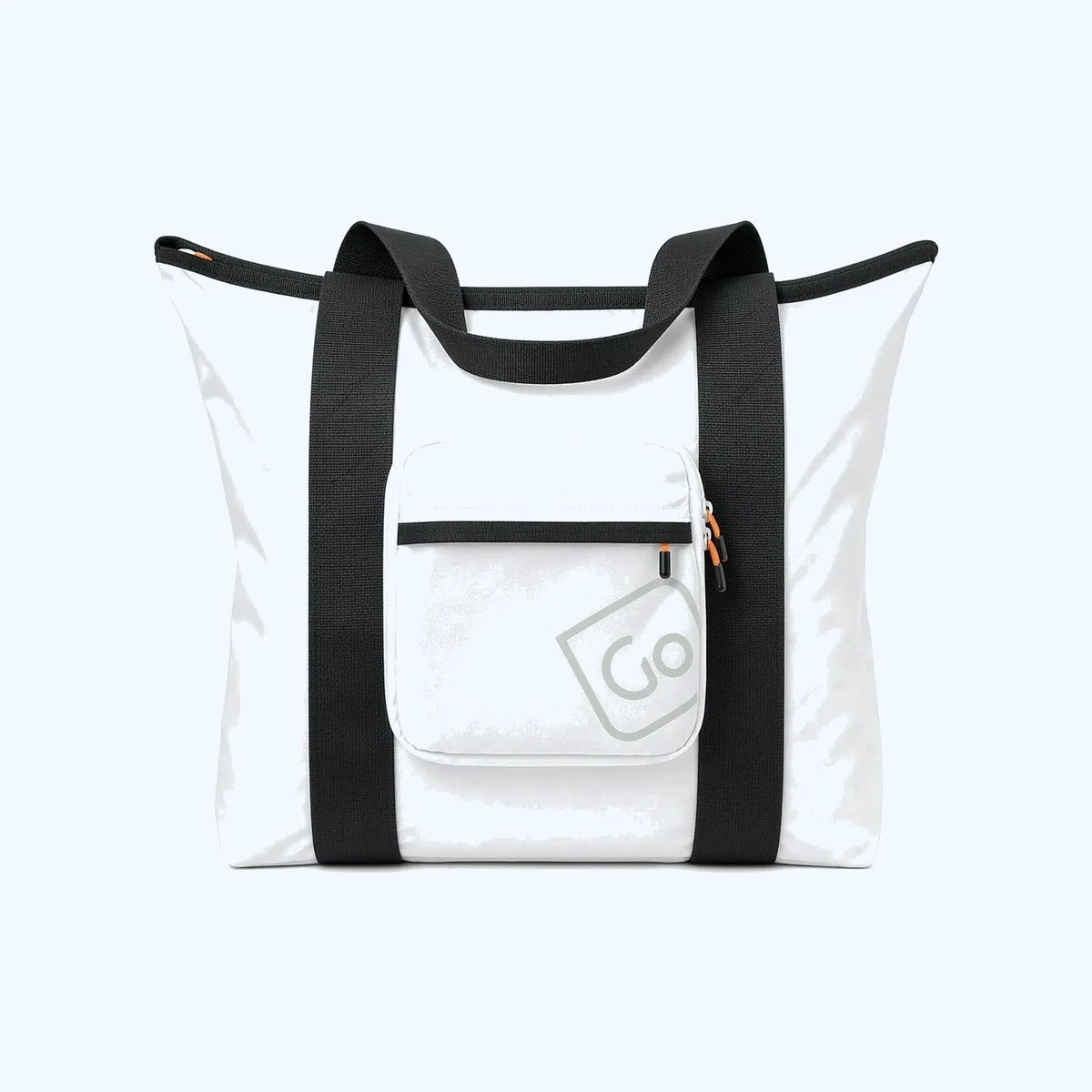 A white foldable tote bag with black webbing handles and a zip front pocket