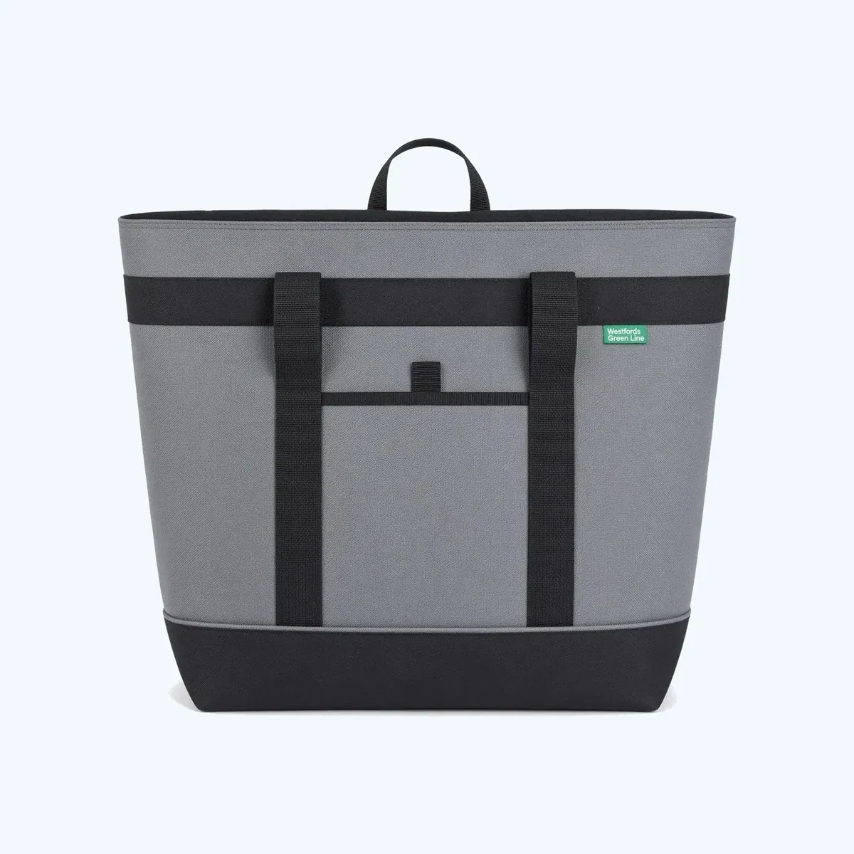 A grey insulated tote bag with a black base and webbing handles