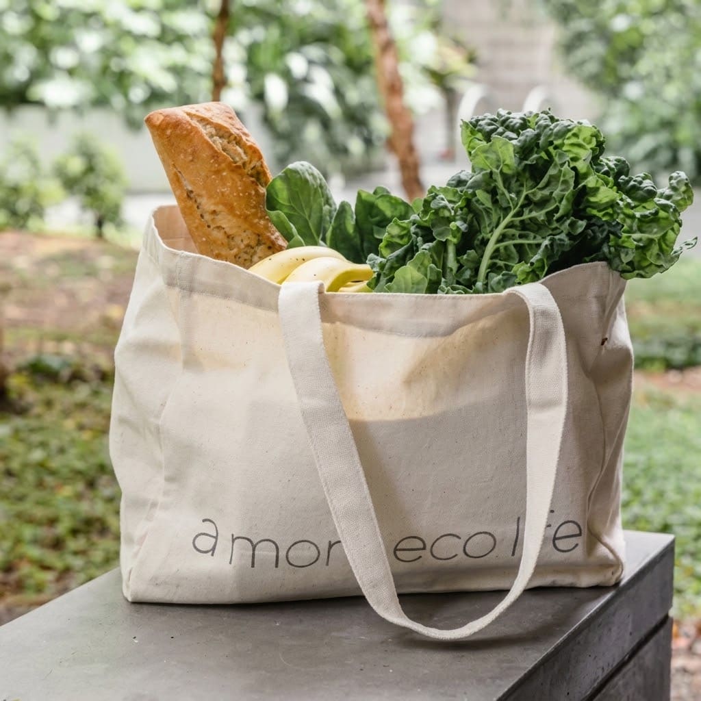 A natural canvas tote printed with a thin lowercase brand mark, packed with a baguette, bananas and leafy greens
