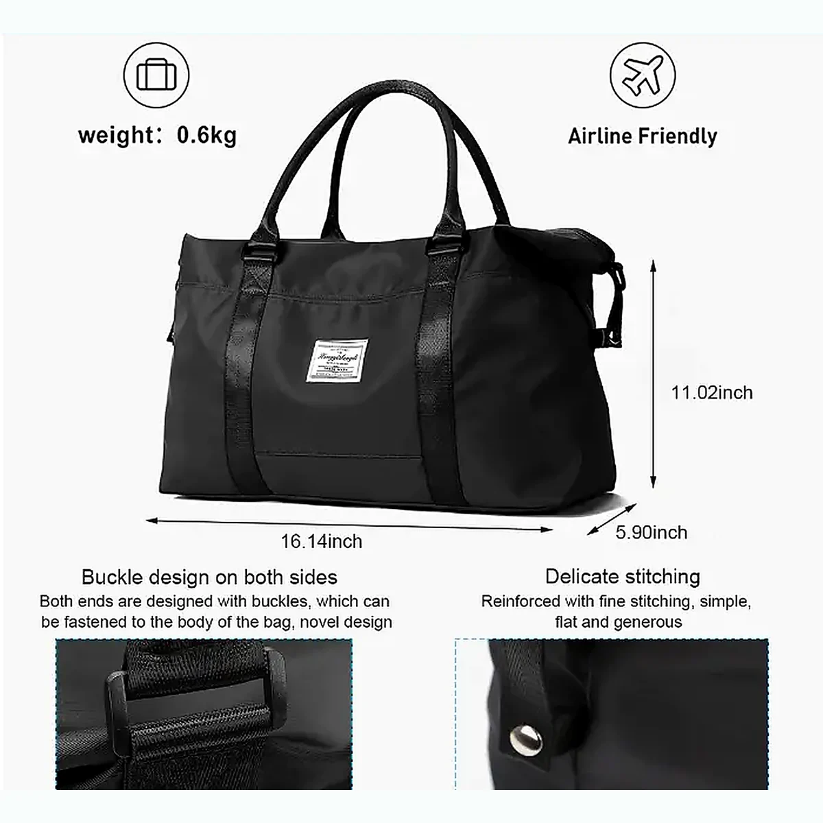 A custom black travel bag with twin handles and a buckled side strap, shown with its weight and cabin dimensions marked