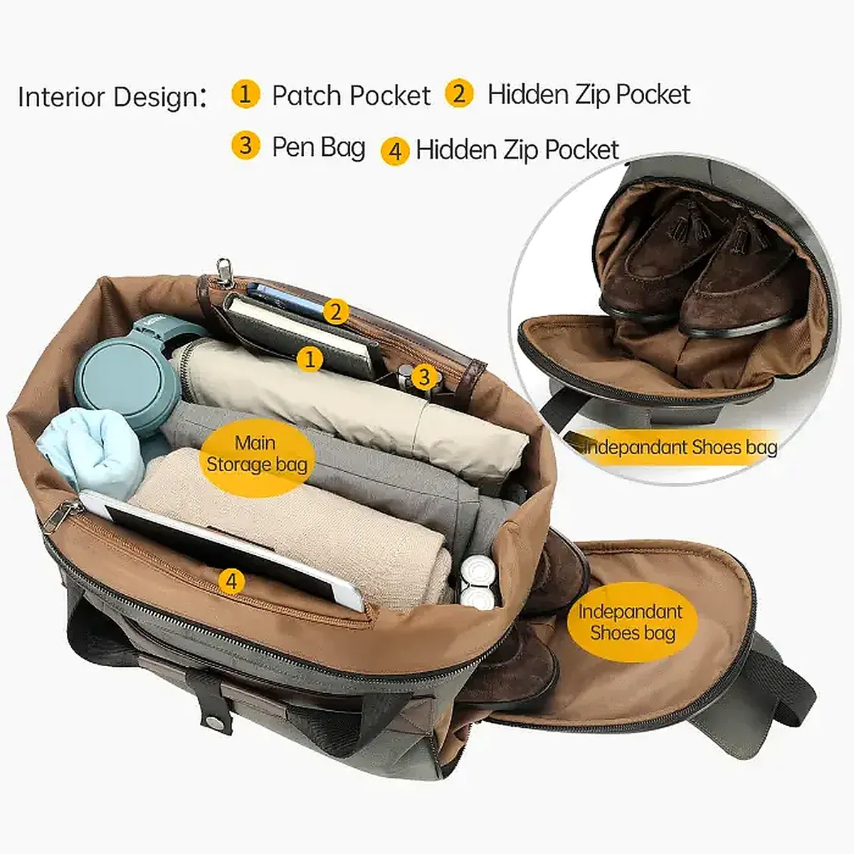 The interior of a custom travel bag opened to show its patch pocket, hidden zip pockets and a separate shoe compartment
