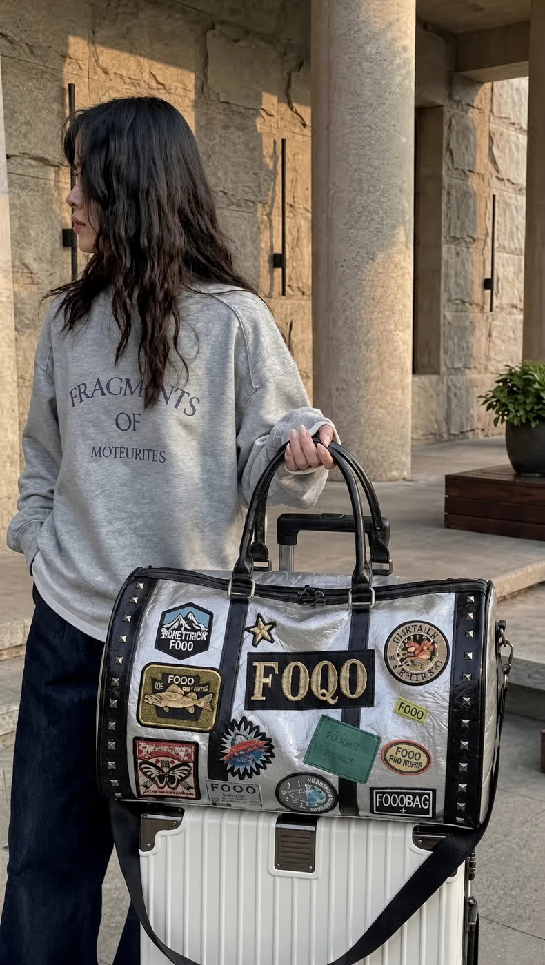 A woman carrying a patch-covered travel trolley bag down a stone corridor