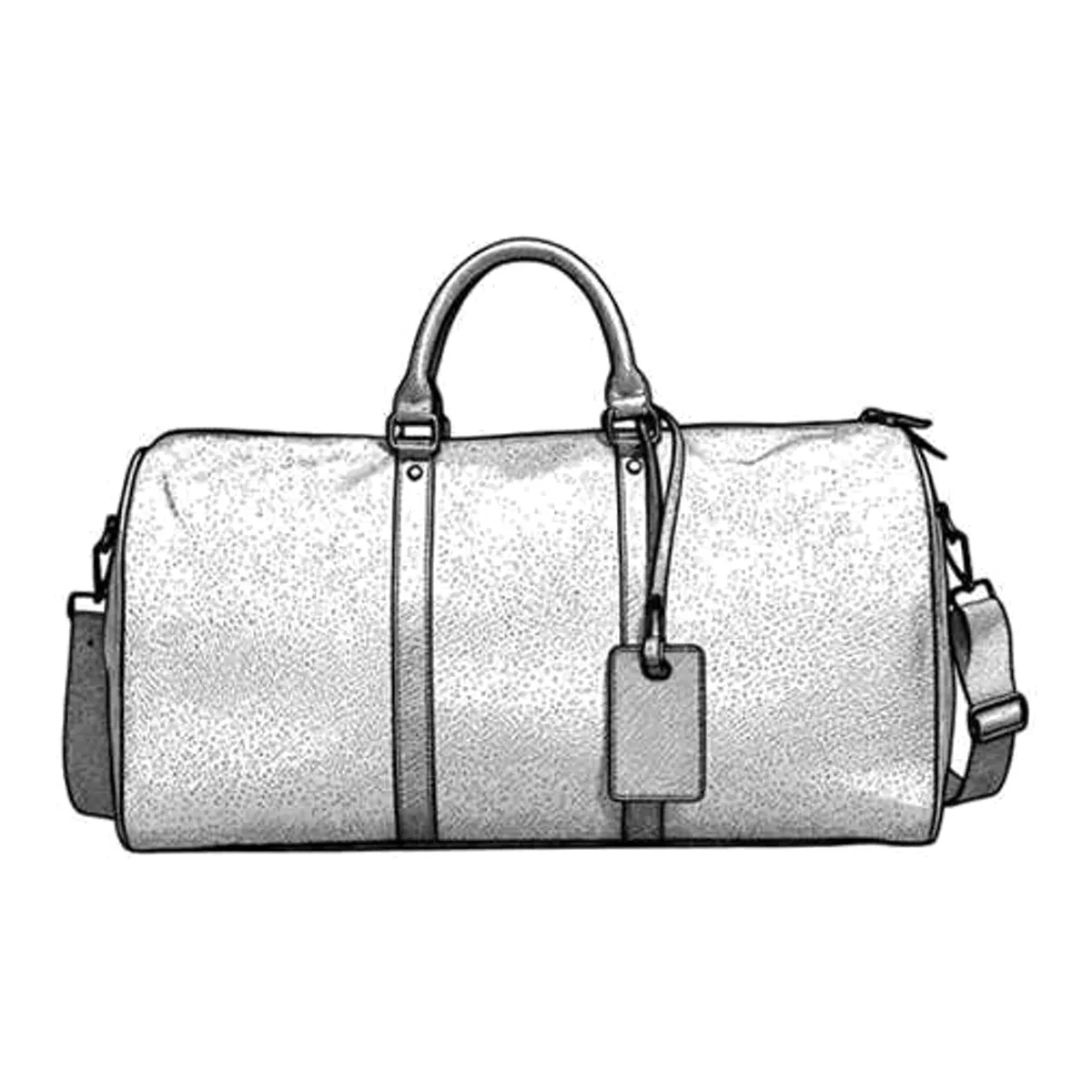 A line rendering of a barrel duffel travel bag showing its barrel body, panel seams, handle, shoulder strap and luggage tag