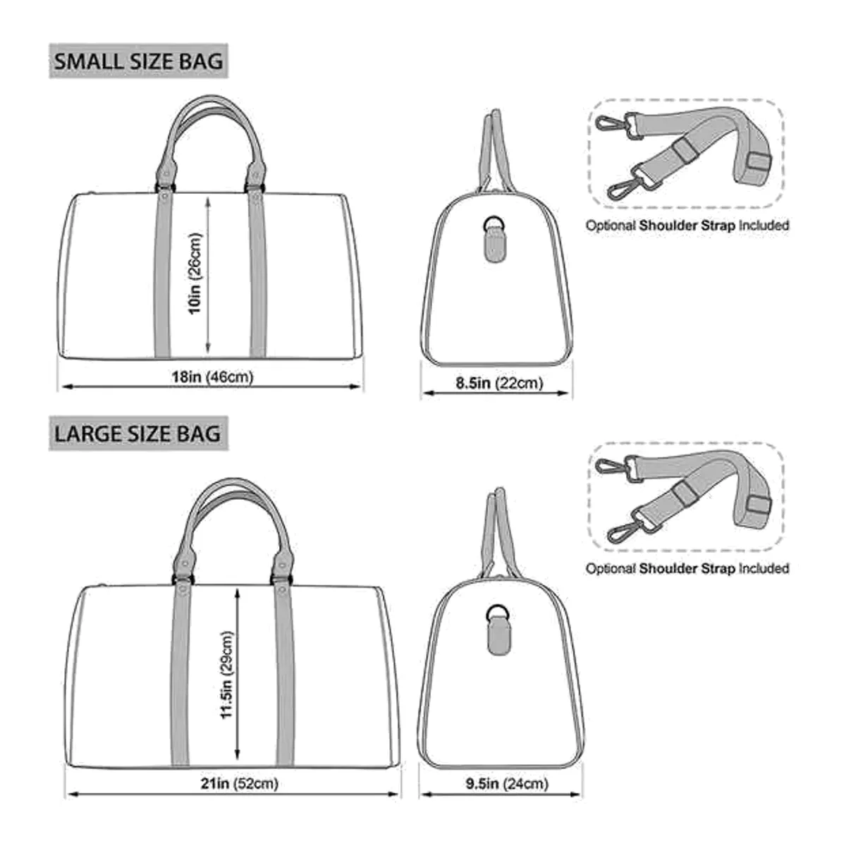Dimensioned technical drawings of a travel duffel at a small and a large size, with length, depth and height marked, and an optional shoulder strap