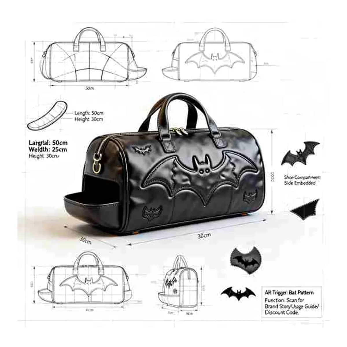 A rendered travel duffel in black with an applique motif across the front panel, shown with front, back and end elevations and a callout for an embossed shoe compartment