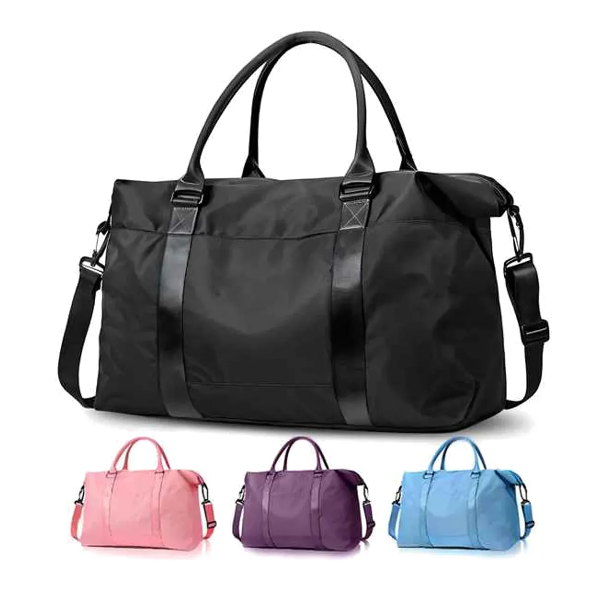 A rendered travel duffel in a black shell shown with the same bag in pink, purple and blue colourways