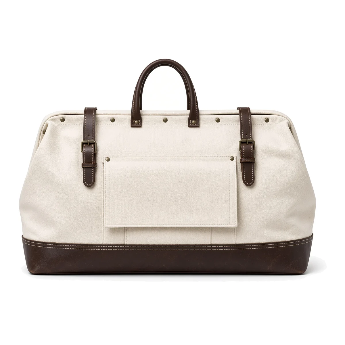 A custom canvas travel bag with leather handles, a leather-bound base and buckled side straps