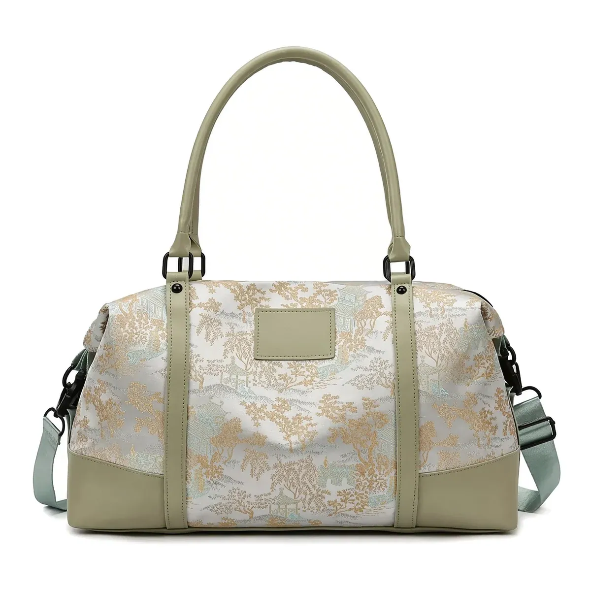 A custom travel bag in a printed, pattern-woven shell with leather trim and handles