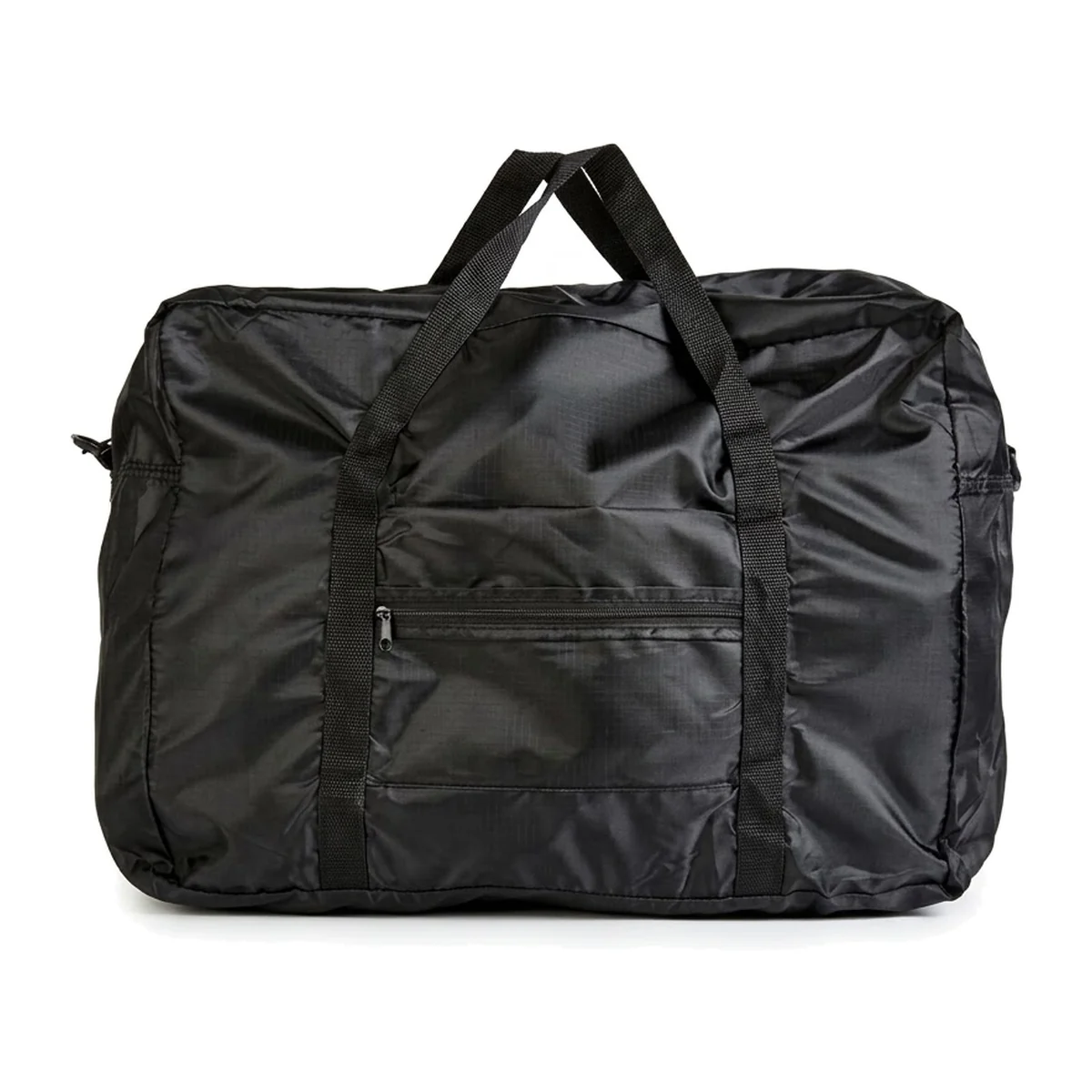 A packable foldable travel bag in a single dark shell with webbing handles