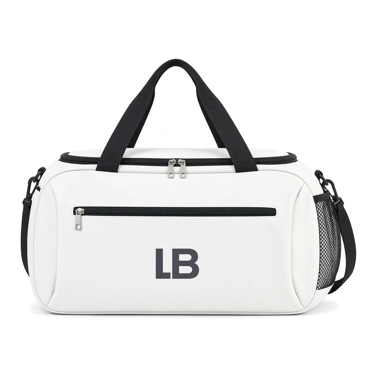 A custom duffel travel bag with a printed monogram on its face and a mesh side pocket