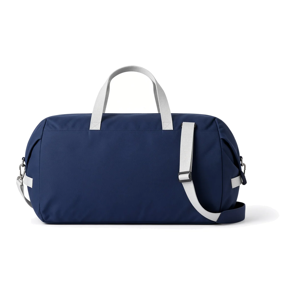 A custom nylon travel bag with contrast webbing handles and a shoulder strap