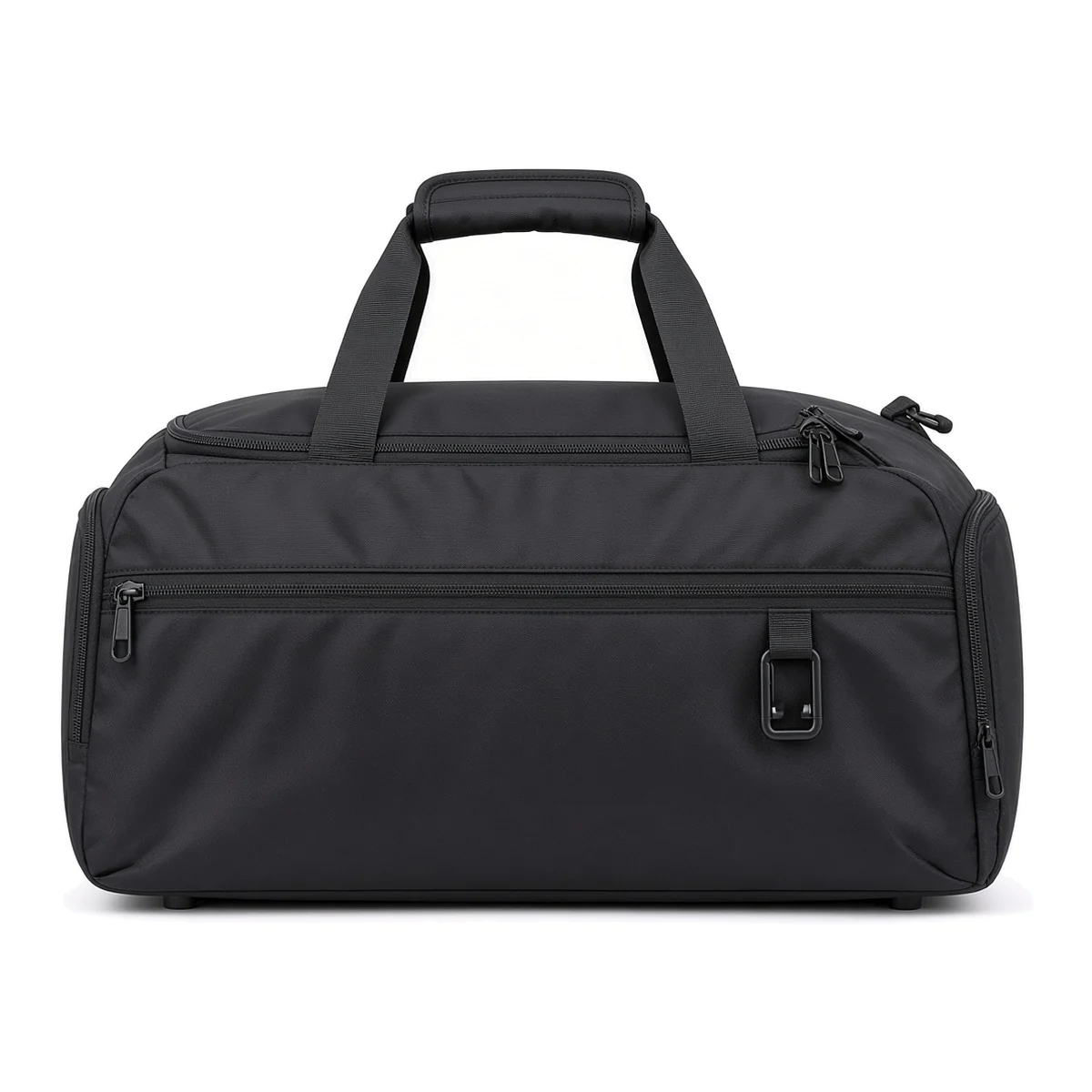 A custom black softside travel bag with a top zip, a front pocket and riveted feet